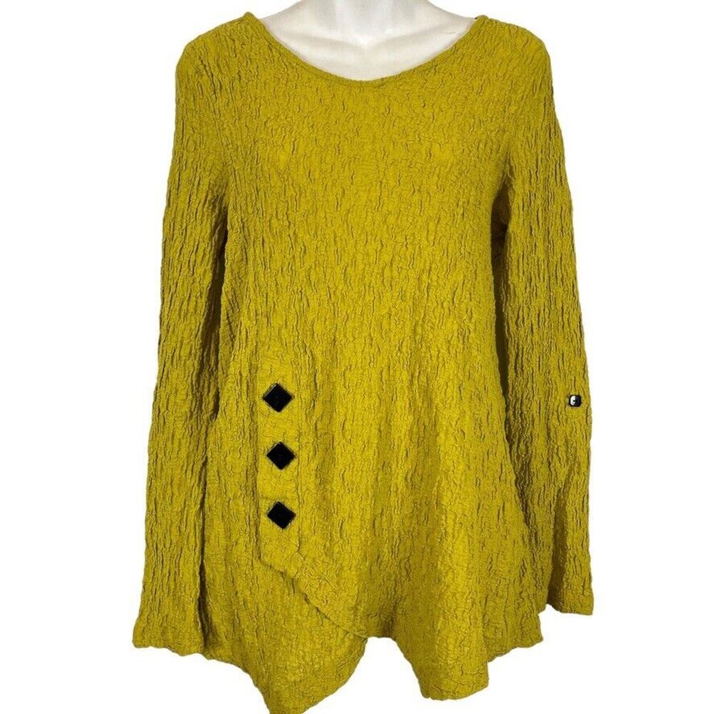 Ali Miles Womens Green V-Neck Long Sleeve Stretch Lagenlook Top Asymmetrical S